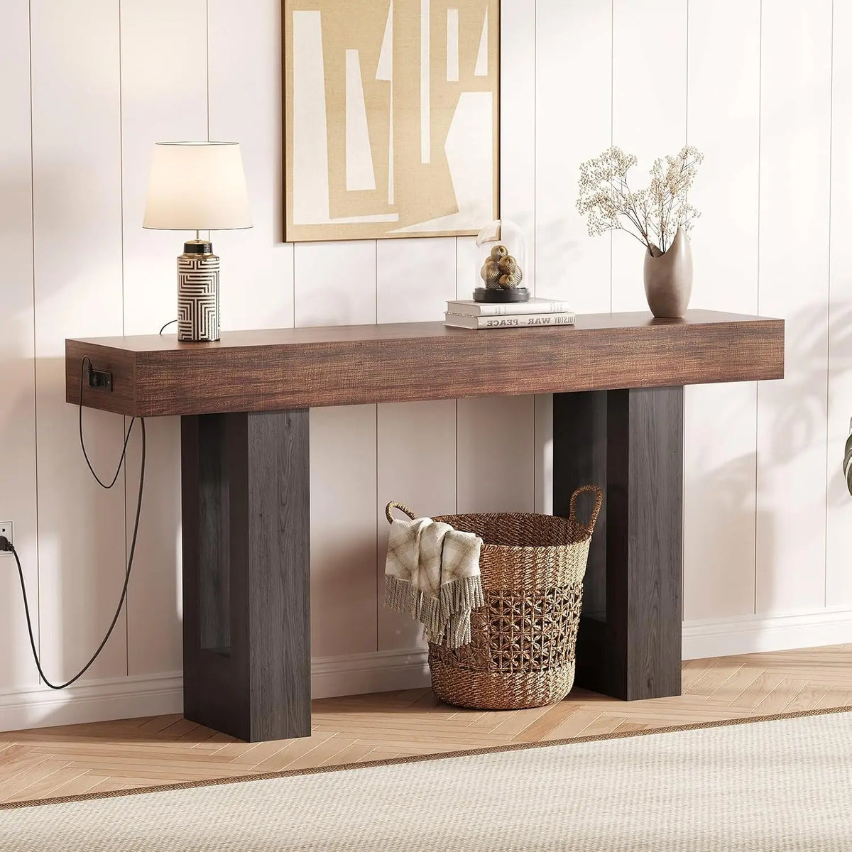63" Entryway Console Table with Power Outlet, Rustic Brown Wooden Narrow Sofa Table for Hallway Foyer Living Room, Customized