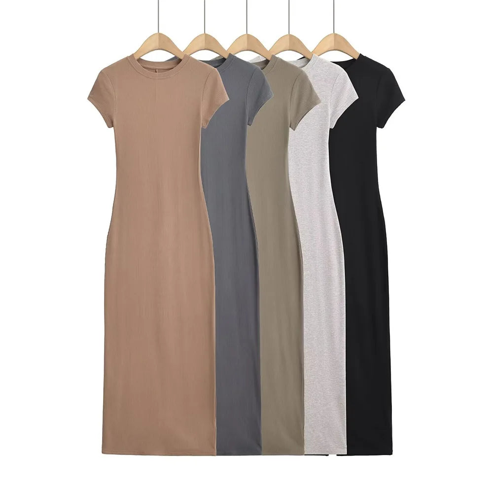 Short Sleeve Women Long Dresses Thin Style Crewneck Summer Solid Color Dress Commute Short Sleeve New Leisure Women Dress