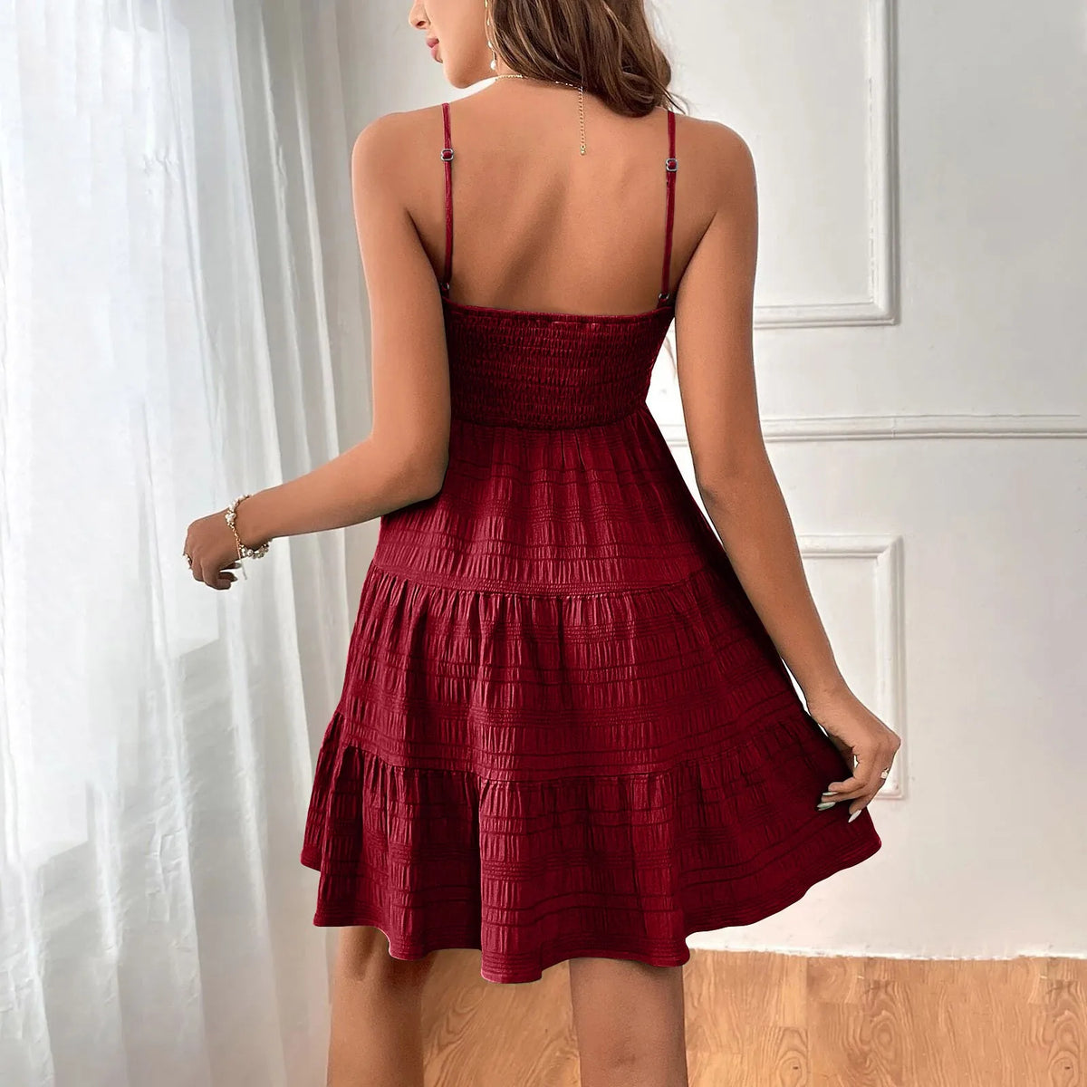 Bohemian Beach Sundress Women Sexy Sleeveless Backless Big Swing Mini Dress Solid Spaghetti Strap Ruffles Dresses Vestidos