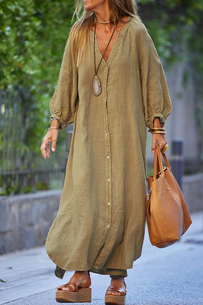 Women V Neck Lantern Long Sleeve Linen Maxi Dress Button Front Loose Casual Vacation Ladies Long Dress