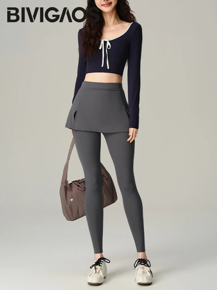 BIVIGAOS Fake Two-Piece Split Skirts Leggings Women Tennis Skirt Built-In Pockets Tight Sports Fitness Yoga Sharkskin Leggings