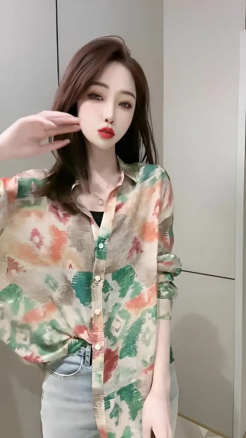 Spring 2026 Floral Print Loose Long Sleeve Women's Shirt Fashionable Versatile Korean Style Commute Polonaise Polyester Fiber