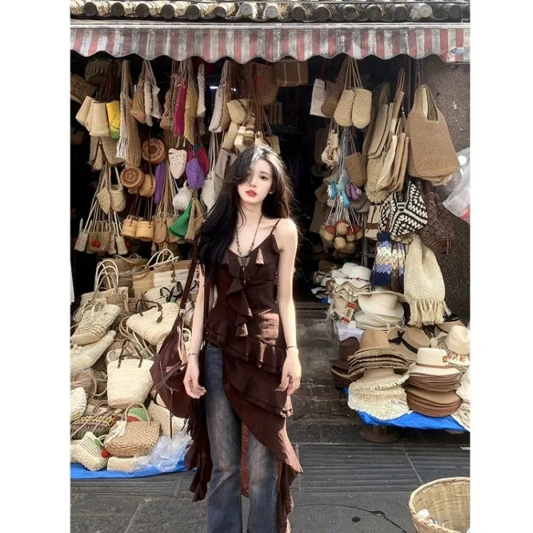 Elegant Vintage Ruffles Camisole Dress for Women Y2k Sexy Irregular Slim Waist Split Dresses 2026 Summer New Vestidos Mujer