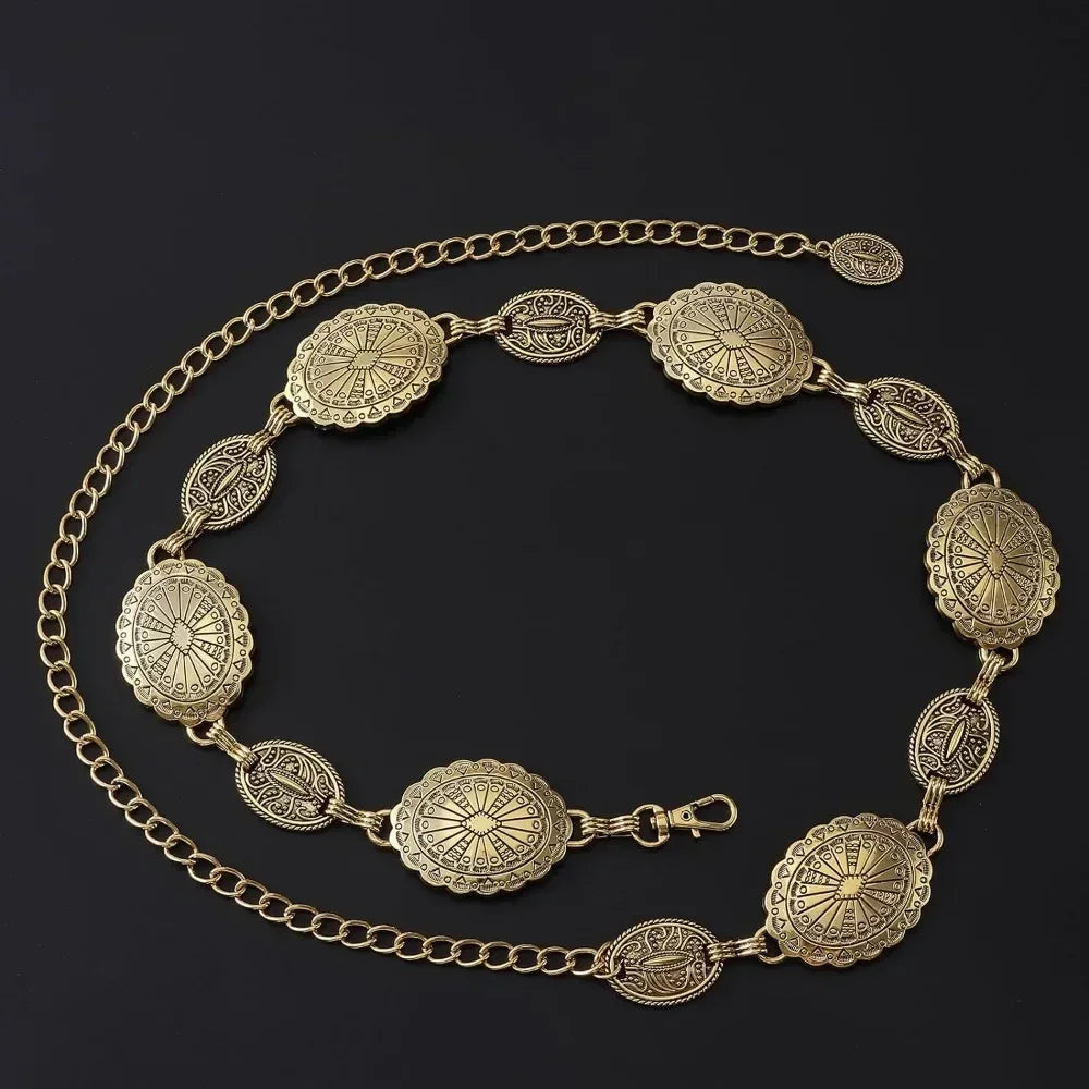 Metal Chain Belt For Women'S Cowgirl Western Country Chain Belts Adjustable Concho Belt For Sweaters Dresses Jeans