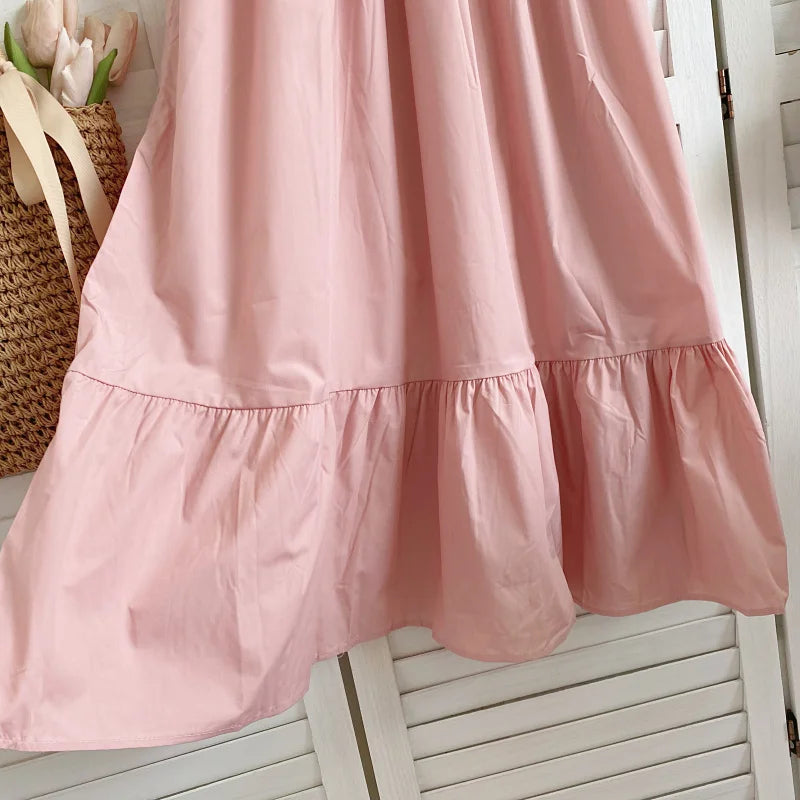 Retro Elegant  Color V-neck Bubble Sleeve Waist-cinching Slimming Casual Lace Trim Dress Women Summer Midi Dress