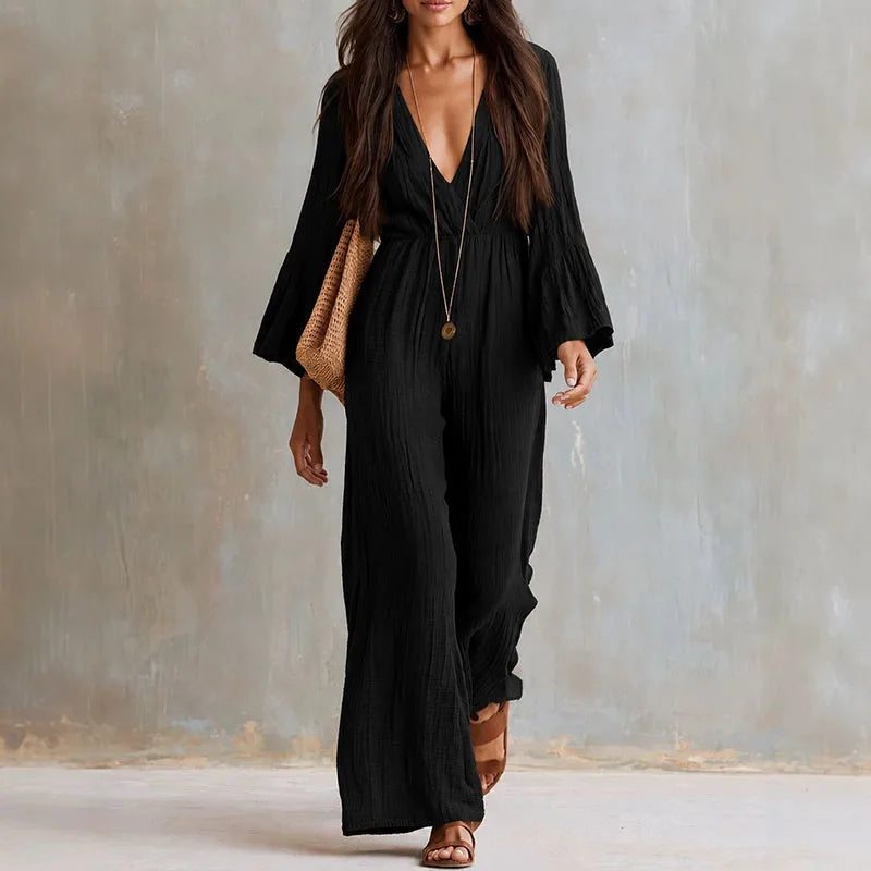 Women Solid Crinkle Jumpsuit Deep V 3/4 Flare Sleeve Elastic Waist Pocket Wide Leg Playsuit Bohemian Autumn Beach Holiday Romper
