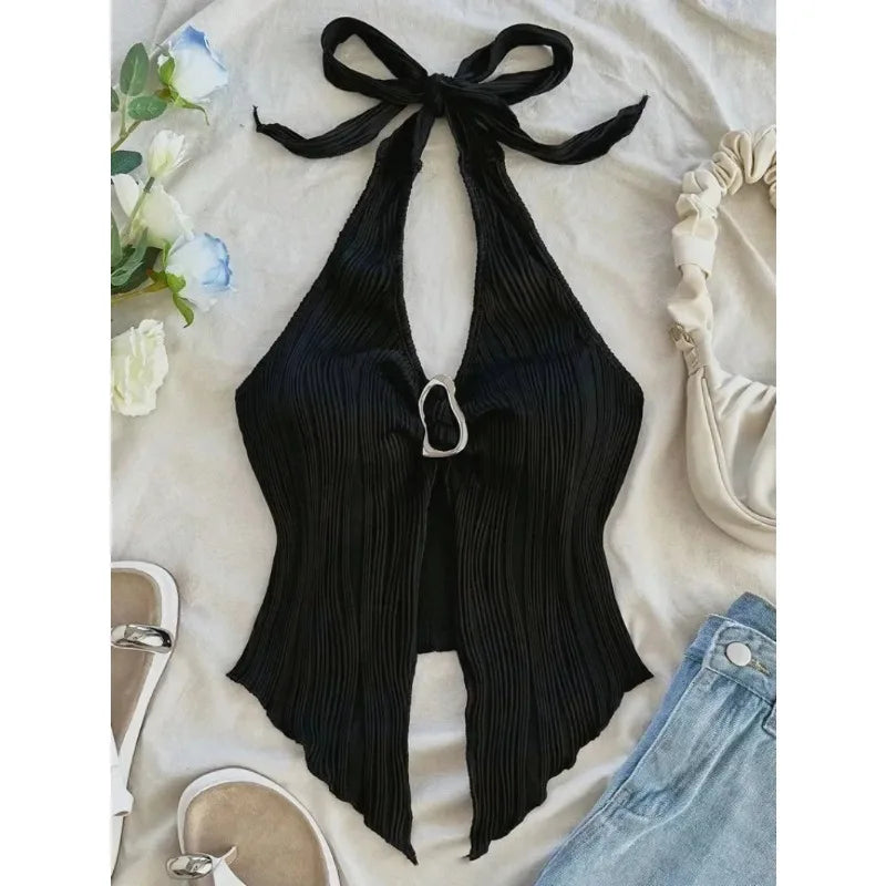 Summer for Women Sleeveless Top Clothes Solid Split Backless Women Sexy V-neck Halter Neck Crop Top
