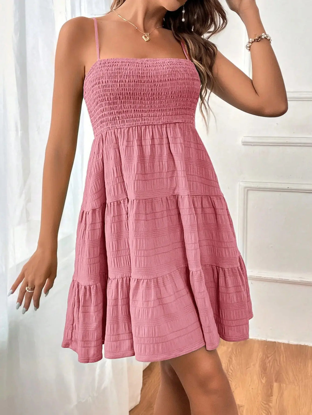 Women's Fashion Spaghetti Strap Smocked Bustier Mini Dress Blue Ruffled Tiered Swing Dress Summer Casual Vacation Beach Wear