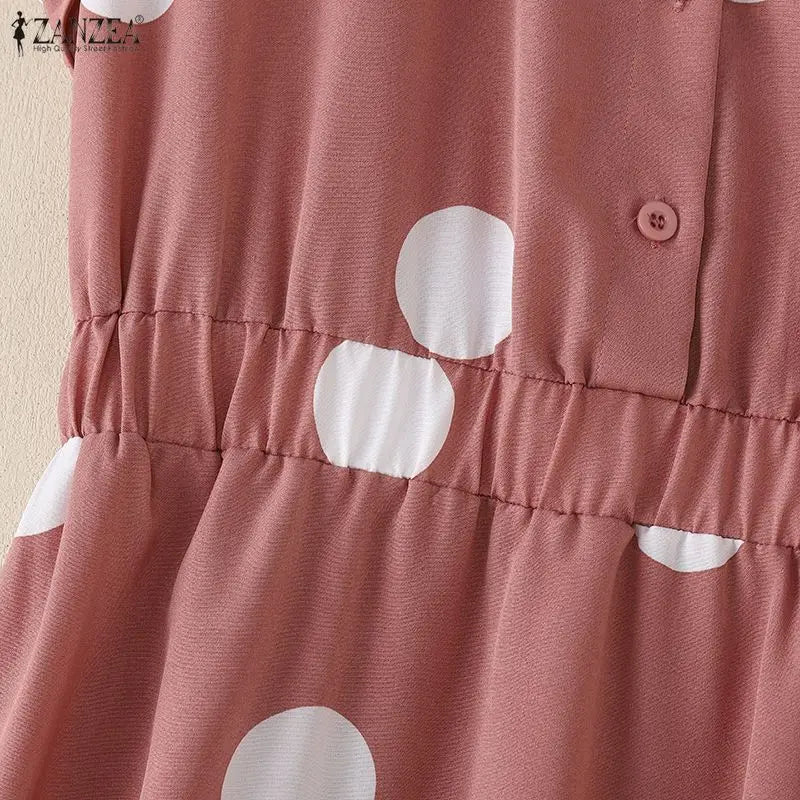 ZANZEA Women Polka Dots Midi Dress Casual Turn-Down Collar Cap Sleeve Half-Button Elastic Waist A-Line Dresses Commute Robes