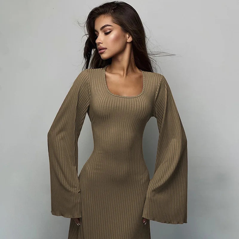 Women's Flare Sleeve Maxi Dress – Slim Fit Lace-Up Floor-Length Gown