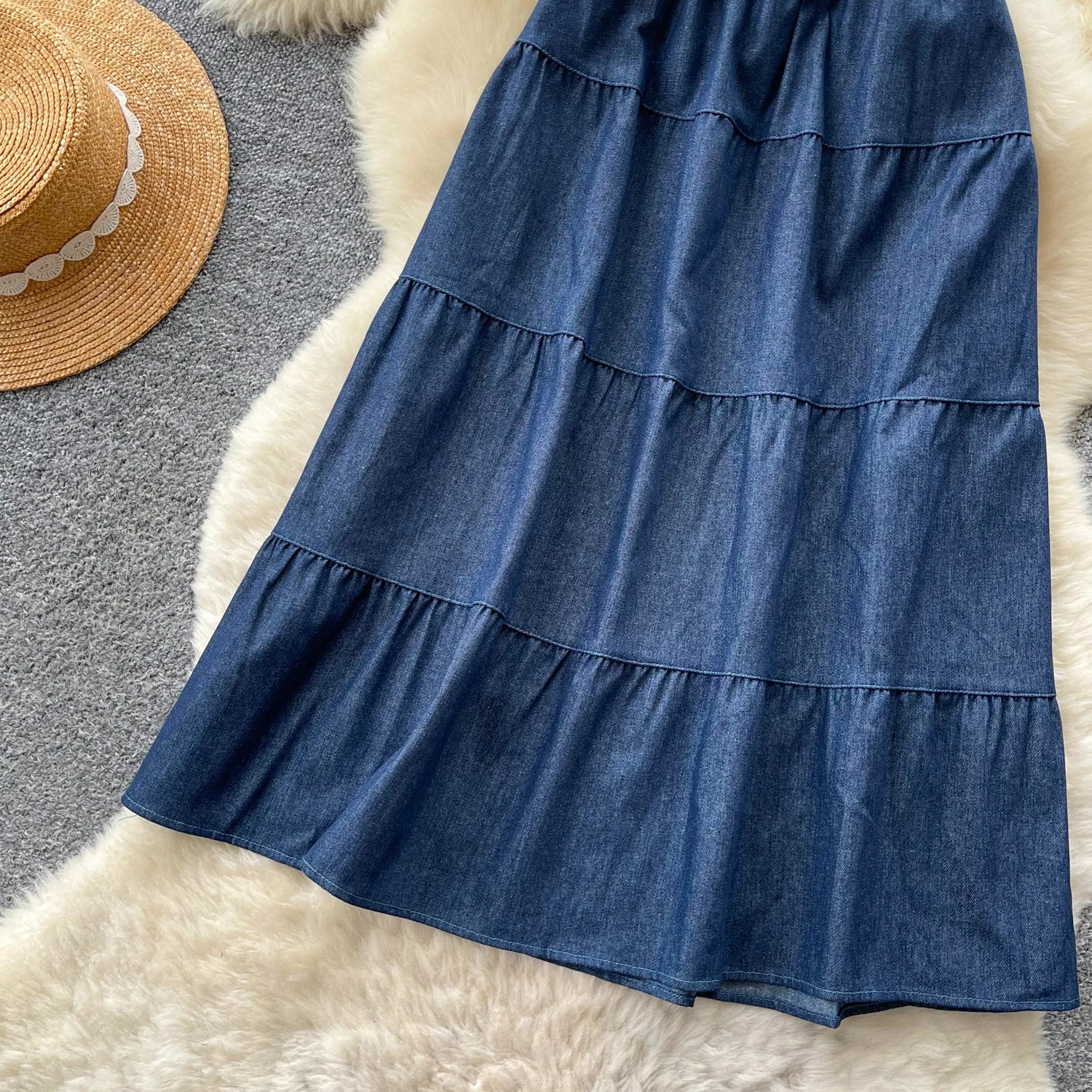 Korean Style A-Line  Skirt Women's Summer Slimming Elastic Waist Denim Patchwork Skirts City Commute Universal Long Skirts