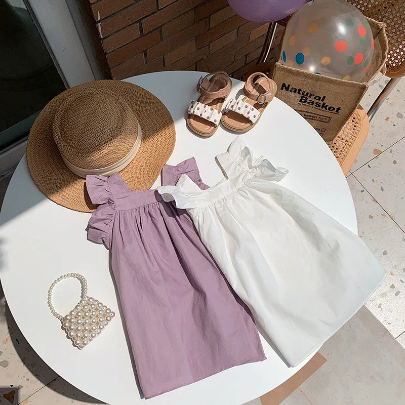 MILANCEL Girls Dresses 2024 Summer Little Fresh Kid's Flare Sleeve A-line Dress Simple Square Collar T-shirt Dress 2-7 Y
