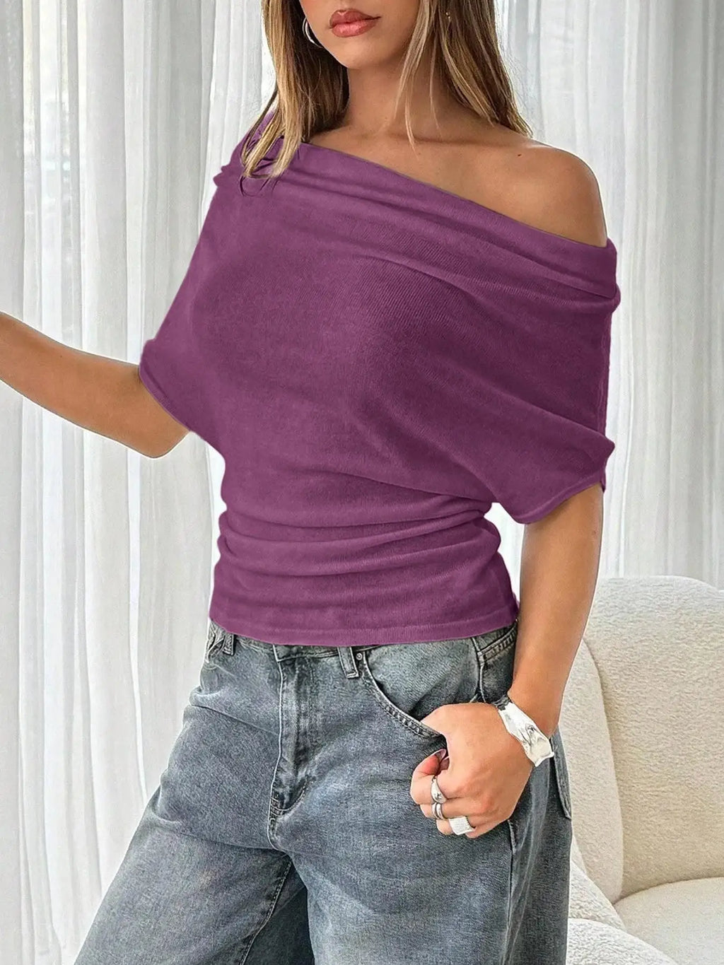 Women's Fashion Sexy Hot Girl One Shoulder T-Shirt 2026 Summer New Slim Bat Sleeve Solid Color Versatile Top T-Shirt Female