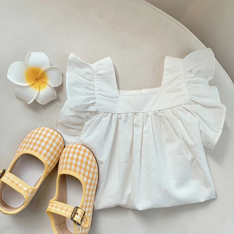 MILANCEL Girls Dresses 2024 Summer Little Fresh Kid's Flare Sleeve A-line Dress Simple Square Collar T-shirt Dress 2-7 Y