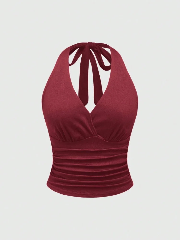 Leopard Printed V-neck Backless Halter Crop Top for Women Summer Sexy Y2K Sleeveless Ruched Top Streetwear