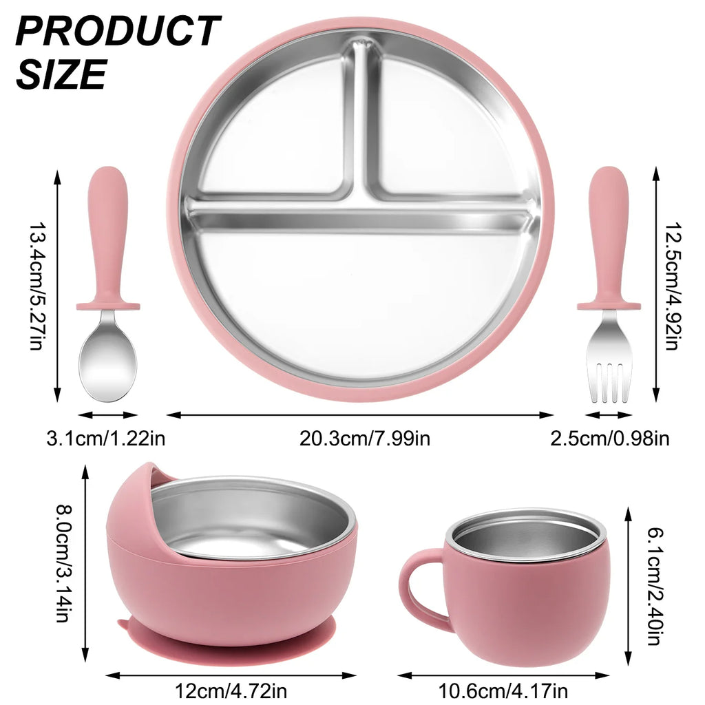 Color Kids 5Pcs Baby Feeding Set Stainless Steel Silicone Tableware Sucker Dishes Plate Bowl Training Fork Spoon Infant Cup