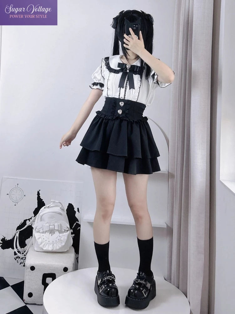 Japanese Cute Sweet Y2k Lolita Cake Skirt Women Hight Waist Rhinestone Plaid Ruffled Layered Skirts Kawaii A-Line Mini Skirts