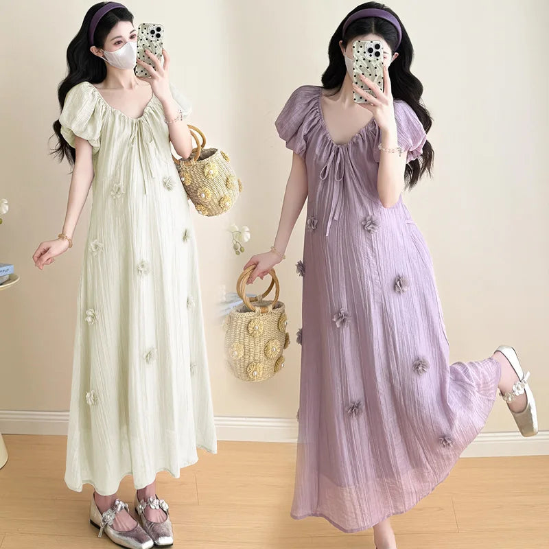 2026 Spring Maternity Floral Clothes Summer Loose Fit Pregnant Woman Chiffon Dress Shoulderless Beach Holiday Dresses