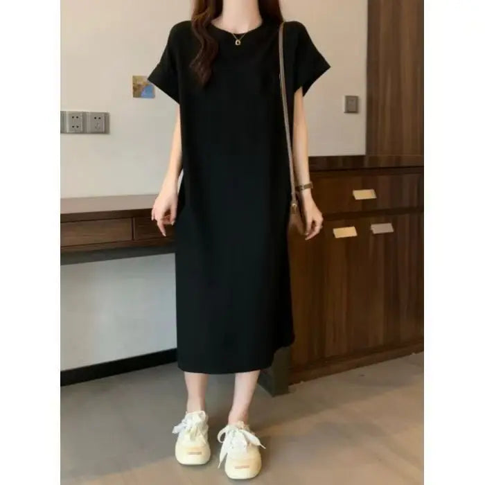 Women Cotton T-Shirt Dress Crew Neck Short Sleeve Loose Split Side Summer Casual Maxi Dress