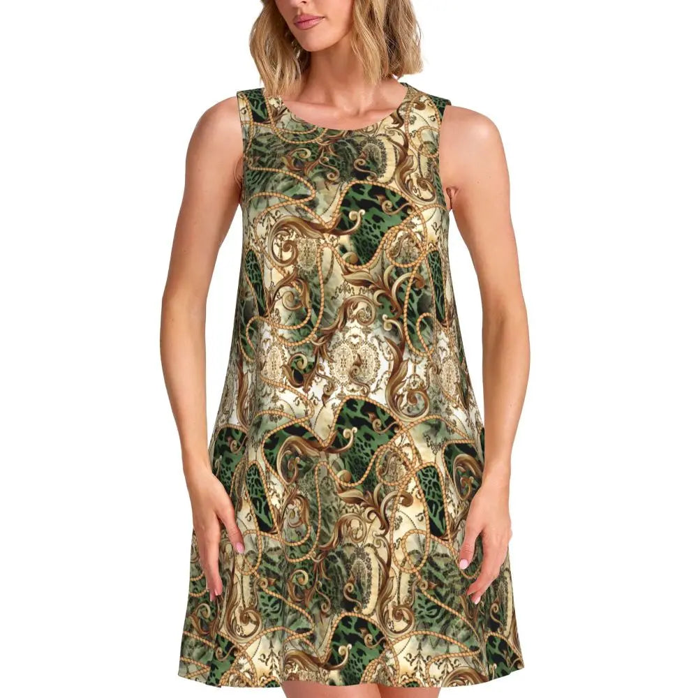 Gold Chains Print Casual Dress Anchor Korean Fashion Dresses Sleeveless Elegant Dress New Arrival Round Neck Lady Print Vestidos