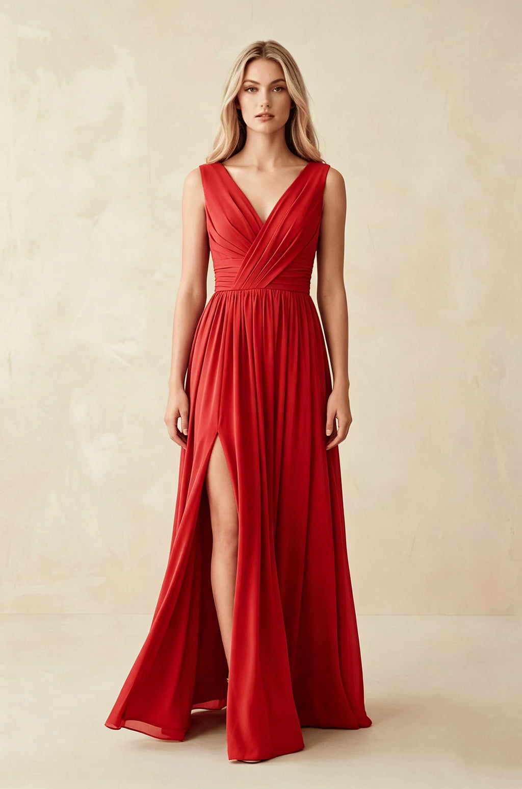 Sleeveless Deep V Neck Chiffon Formal Dress Ruched Empire Waist Front Split A‑Line Floor‑Length Bridesmaid Party Prom Dresses