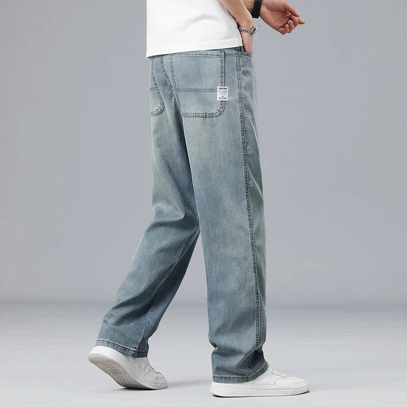 Summer Ultra-Thin Lyocell Men'S Jeans Drape Soft Fabric Loose Straight Casual Denim Pants Elastic Ice Silk Male Trousers