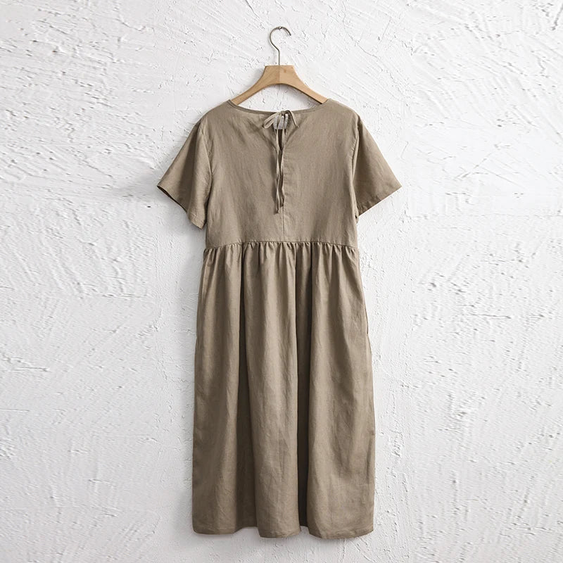Women Cotton Linen Midi Dresses Summer Chic Female Vestidos Loose A-Line Dress Short Puffy Sleeve Casual Sundress