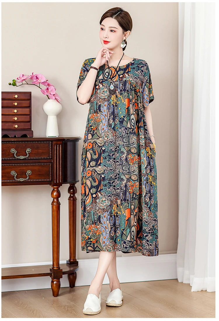 New Fashion Casual Summer Dress For Women Ladies O-Neck Print Short Sleeve Dress plus size Women Clothing