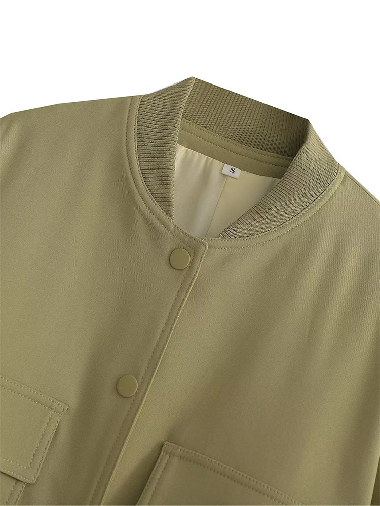 Women's Vintage V-Neck Bomber Jacket with Pockets