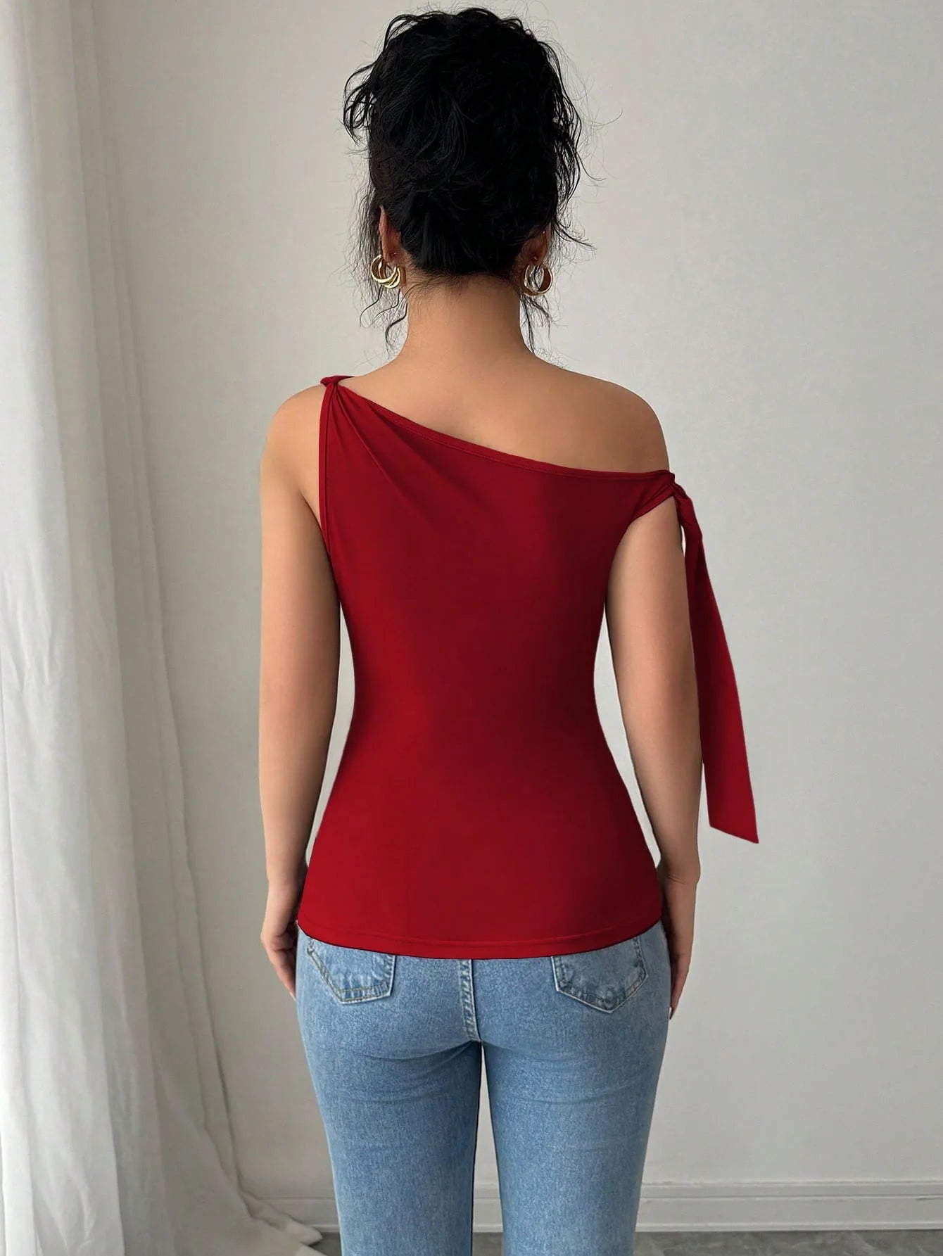 New Women's Elegant Commuter Solid Color Slash Shoulder Kink Lace-Up Slim T-Shirt
