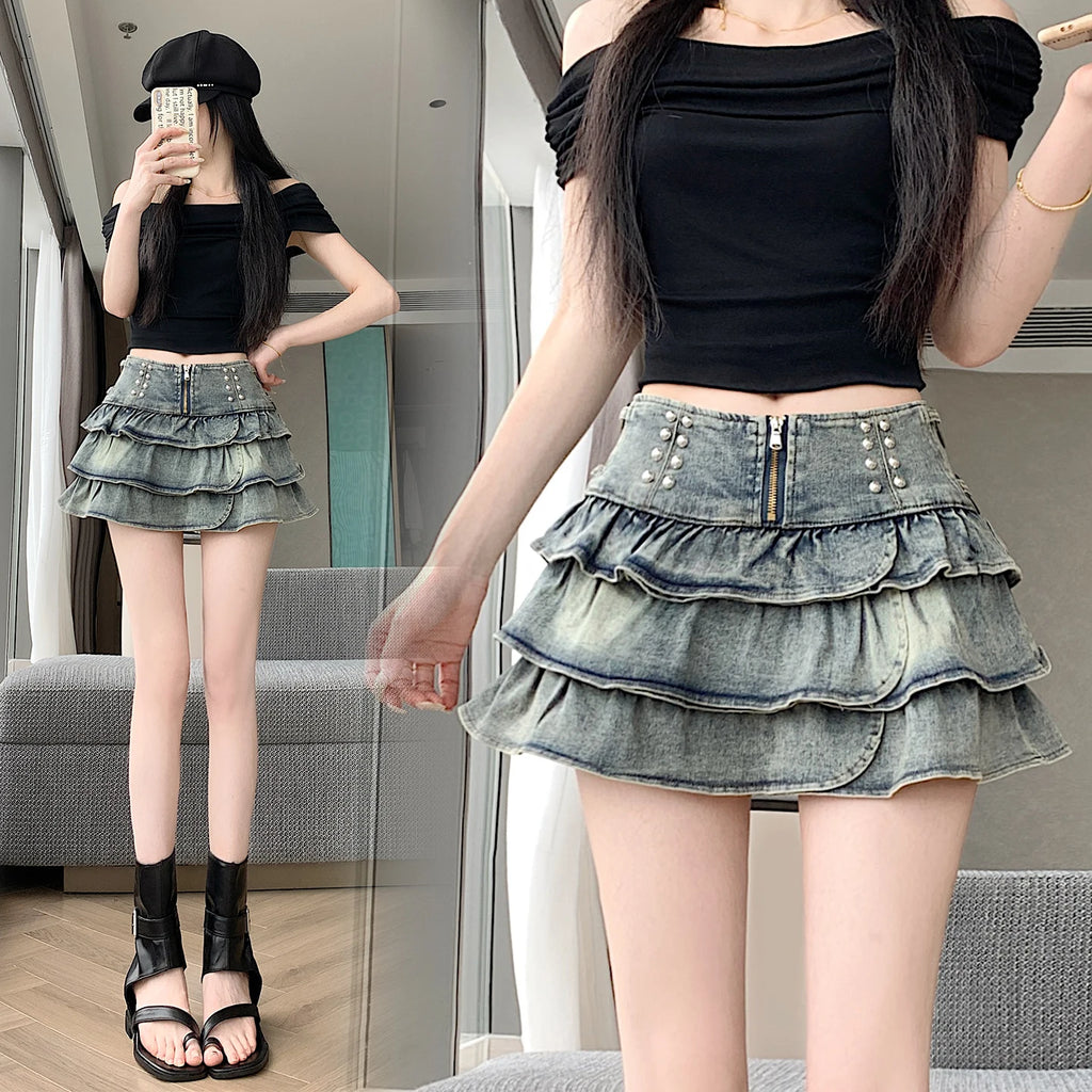 Summer Retro 2026 Korean Fashion Vacation Versatile Sexy Denim Cake Pleated Mini Skirt Women's High Waist Ruffle Short Skirt