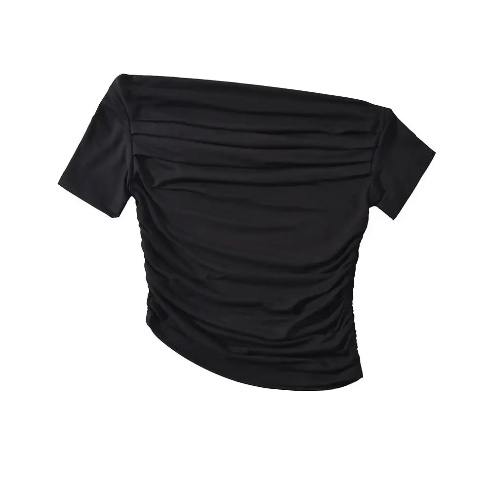 Sexy Spicy Girl Short Sleeve Slim Fit Pleated One Shoulder Base Shirt Street Snap Popular Thinming Street Snap Top for Summer