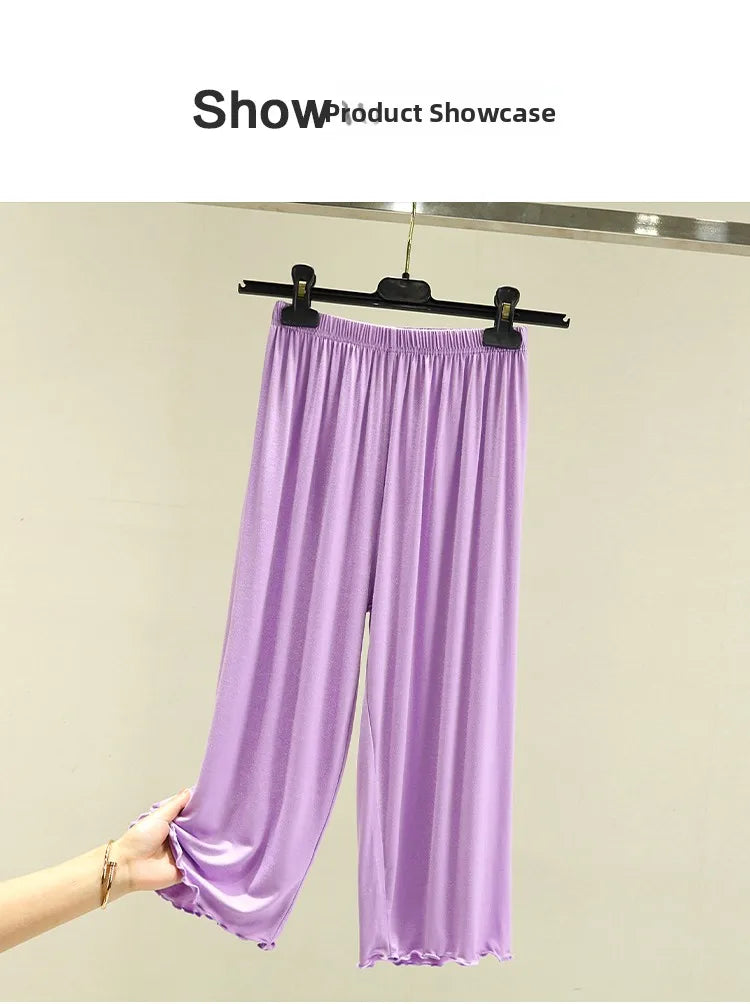 Modal Ice Silk Wide Leg Pants Women's Summer Thin Sleepwear Large Size Casual High Waist Straight Cut Shorts Lengthened Pants