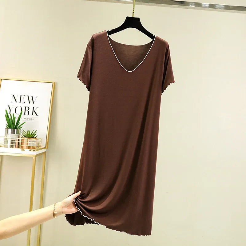Loose Casual Modal Short Sleeve Dress V-Neck Base Skirt Thin Summer Floral Edge Sleep Dress Versatile Summer Dress
