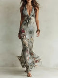 Elegant Women Halter Dress Summer Tie-up Deep V-Neck Backless Flower Print Long Dress Sleeveless Chiffon Slim Maxi Dresses