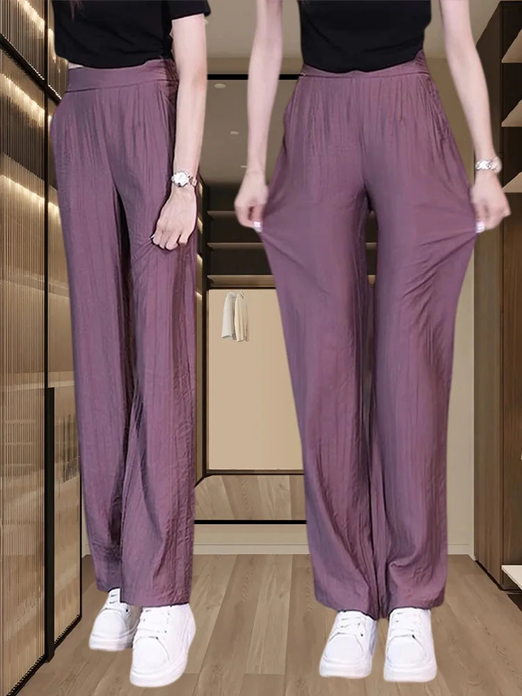 Women's Ice Silk Wide Leg Pants - High Waist Loose Casual Trousers