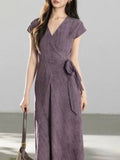 Purple Gradient V-neck Short-sleeved Uneven Hem Dress High Waist Crossed Belt Design Polyester Casual Long Dress
