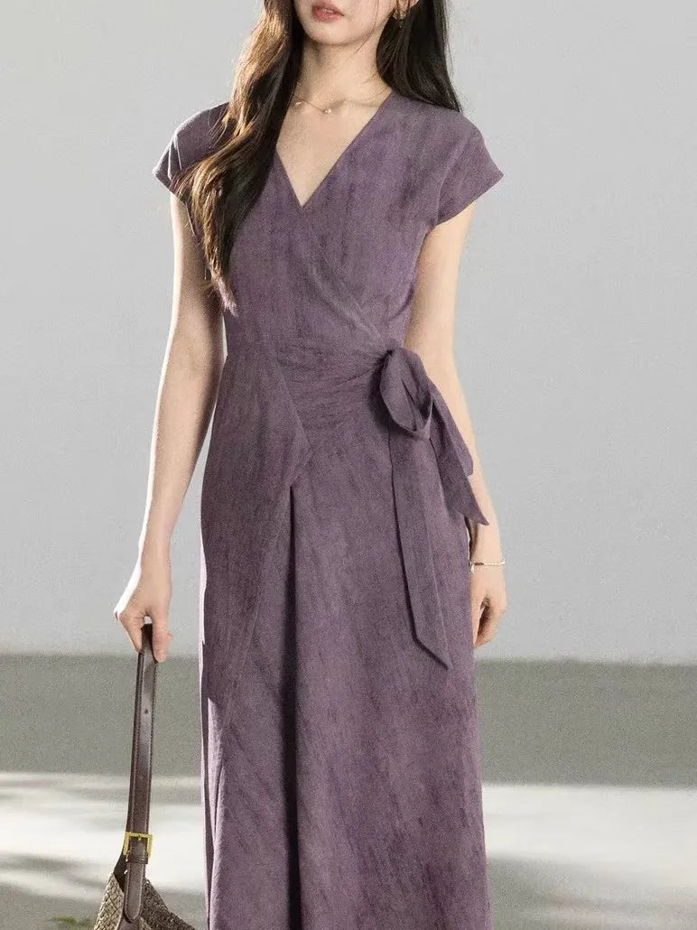 Purple Gradient V-neck Short-sleeved Uneven Hem Dress High Waist Crossed Belt Design Polyester Casual Long Dress