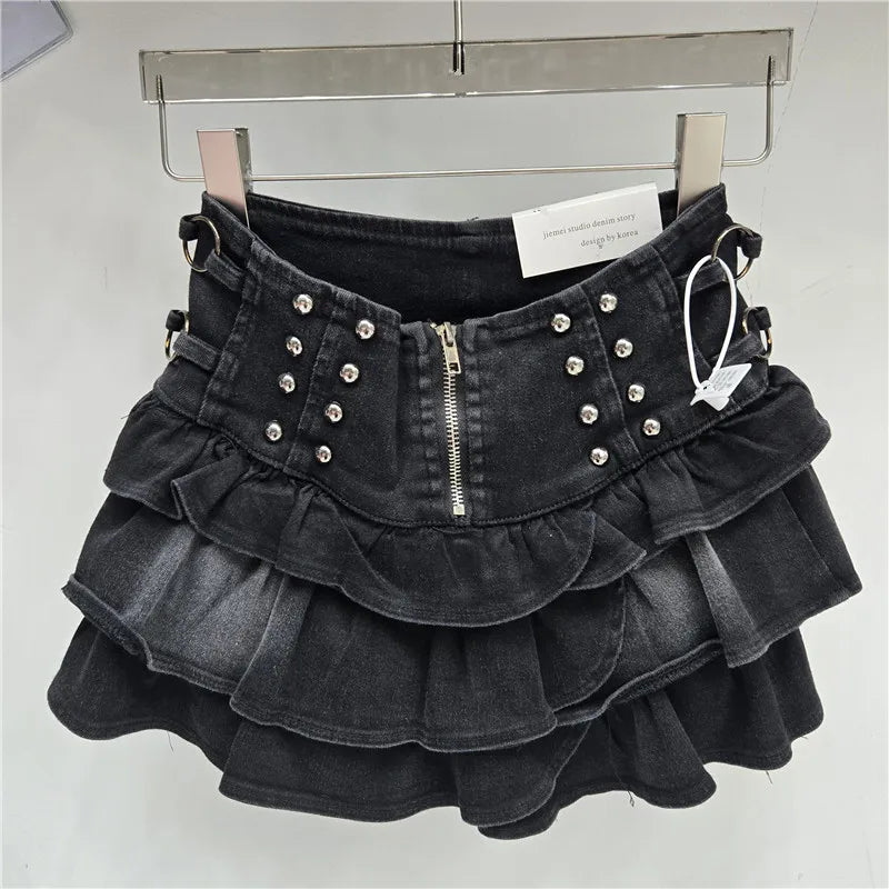 DEAT Women's Denim Skirts Rivet Design A-line High Waist Zipper Ruffles Hem Mini Short Skirt Summer 2026 New Fashion 29A6725
