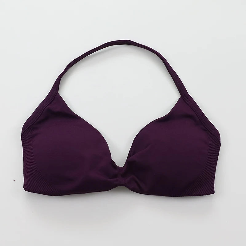 No Logo V-Neck Women's Low Support Ruched Halter Sports Bra Sexy Open Back Gym Crop Top Padded Seamless Workout Yoga Tank Tops