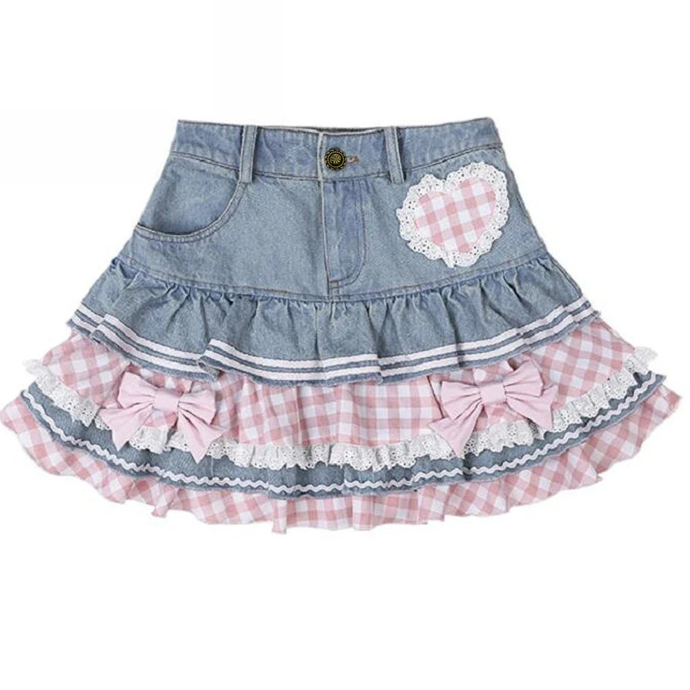 Japanese Sweet Lolita Mini Skirts Ball Gown Women Harajuku Cute Denim Skirt Preppy Style Girls High Waist Kawaii Lace Cake Skirt