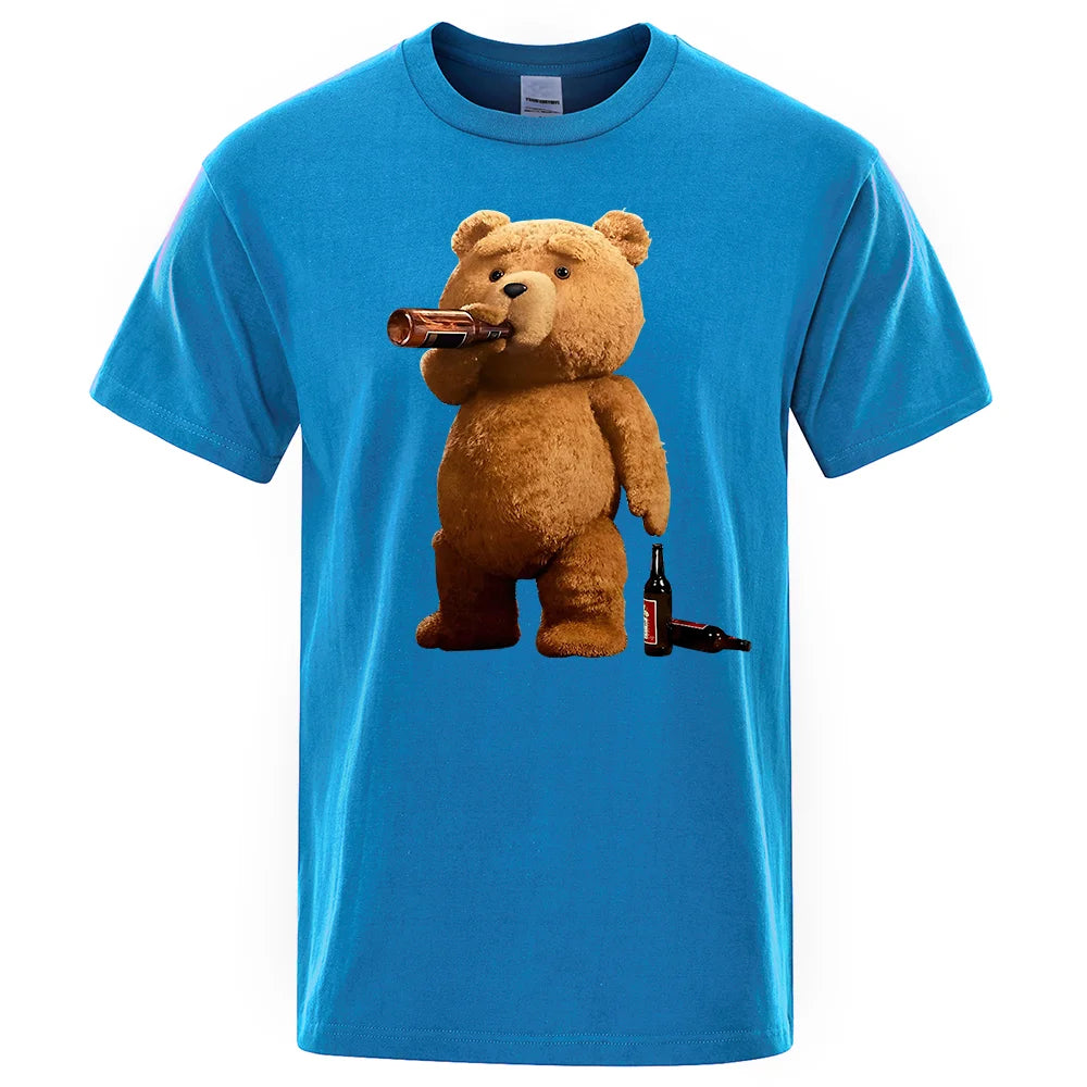 Lovely Ted Bear Drink Beer Poster Funny Printed T-Shirt Men Fashion Casual Short Sleeves Loose Oversize Tee Street Hip Hop Tops