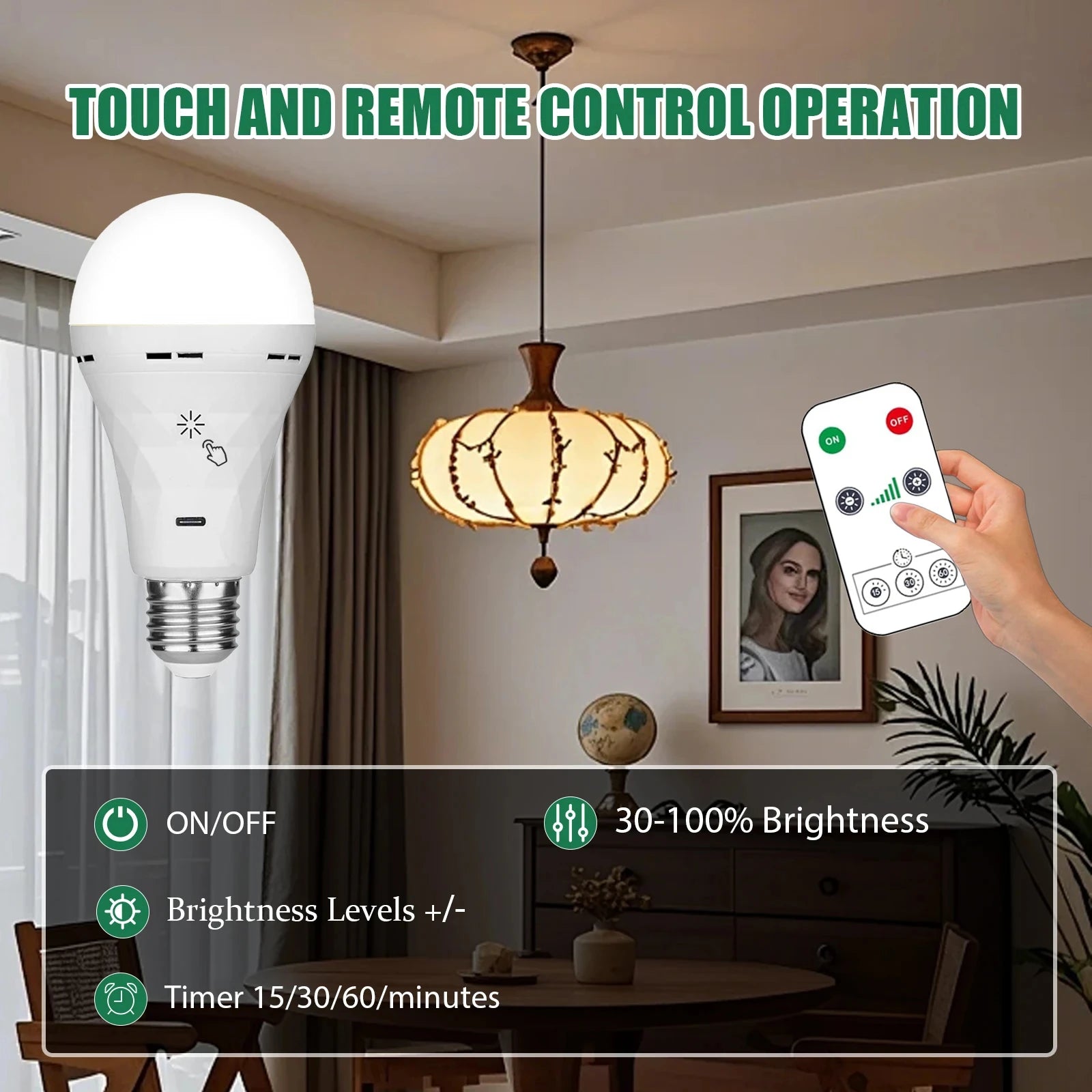 HOMEFISH USB Rechargeable E27 LED Bulb – Touch Control, Dimmable & Timer