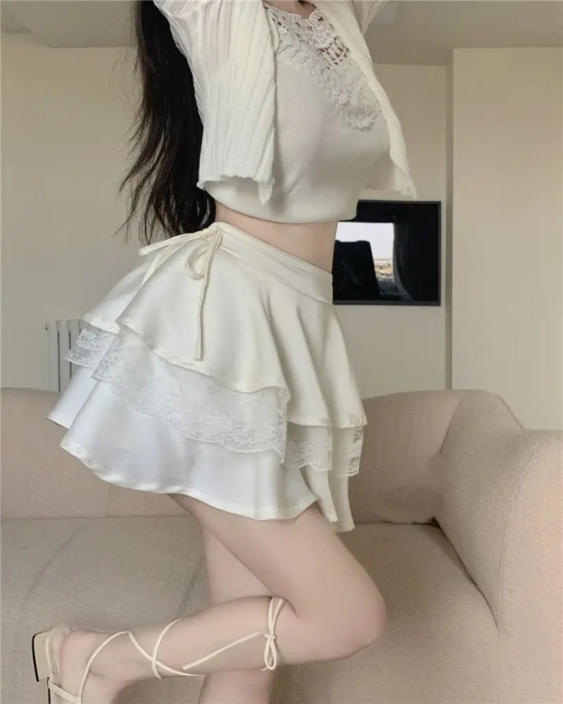 White Mini Skirts Women Lace Patchwork Sweet Ball Gown Sexy French Style Ruched Ruffled High Waist Summer Layered Romantic Gril