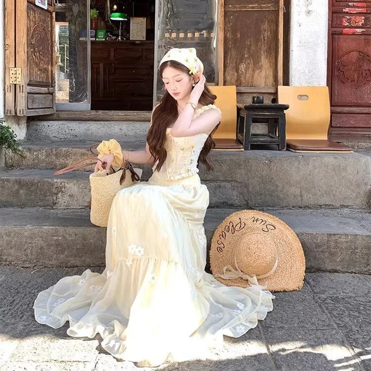 New Style Wood Grain Ruffle Splice Belted Waist Design Top Half Skirt Two Piece Set Polyester Blend Summer Casual Outfit for ...