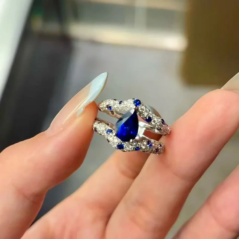 Light luxury and high-end dual color blue droplet gemstone rings for women exquisite inlay diamonds fashion ring wedding jewelry