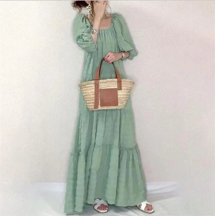 Fairy Tale Slimming Long Skirt Dress Super Fairy Big Swing Skirt Women's Fashion Summer City Walk High Collar Long Sleeve Dress