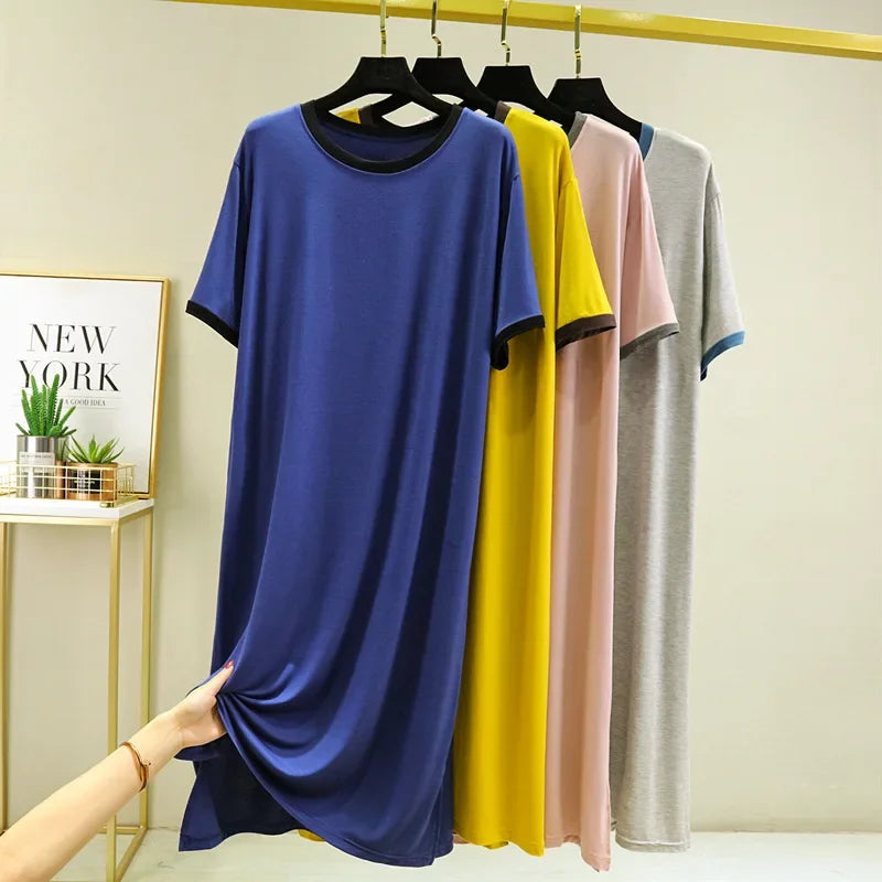 Women's Modal Short Sleeve Dress Summer Plus Size Loose Fit Thin Nightgown Homewear Versatile Base Long Dress