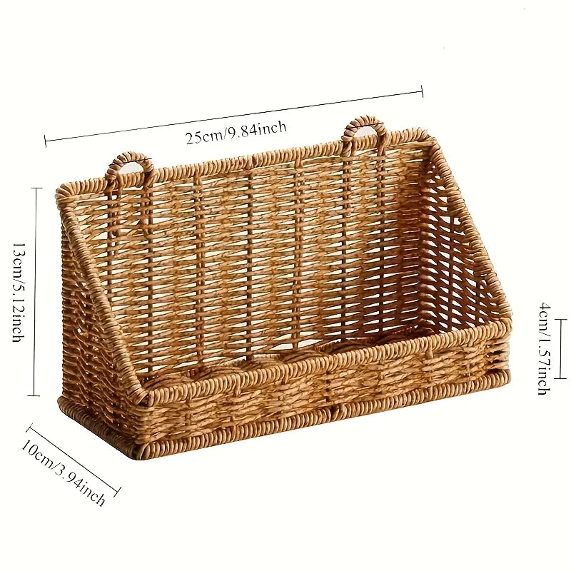 1pc Rustic Wall-Mounted Basket with Hooks - Woven Rattan Storage Hamper Suitable for Bathroom, Kitchen, Bedroom & Living Room