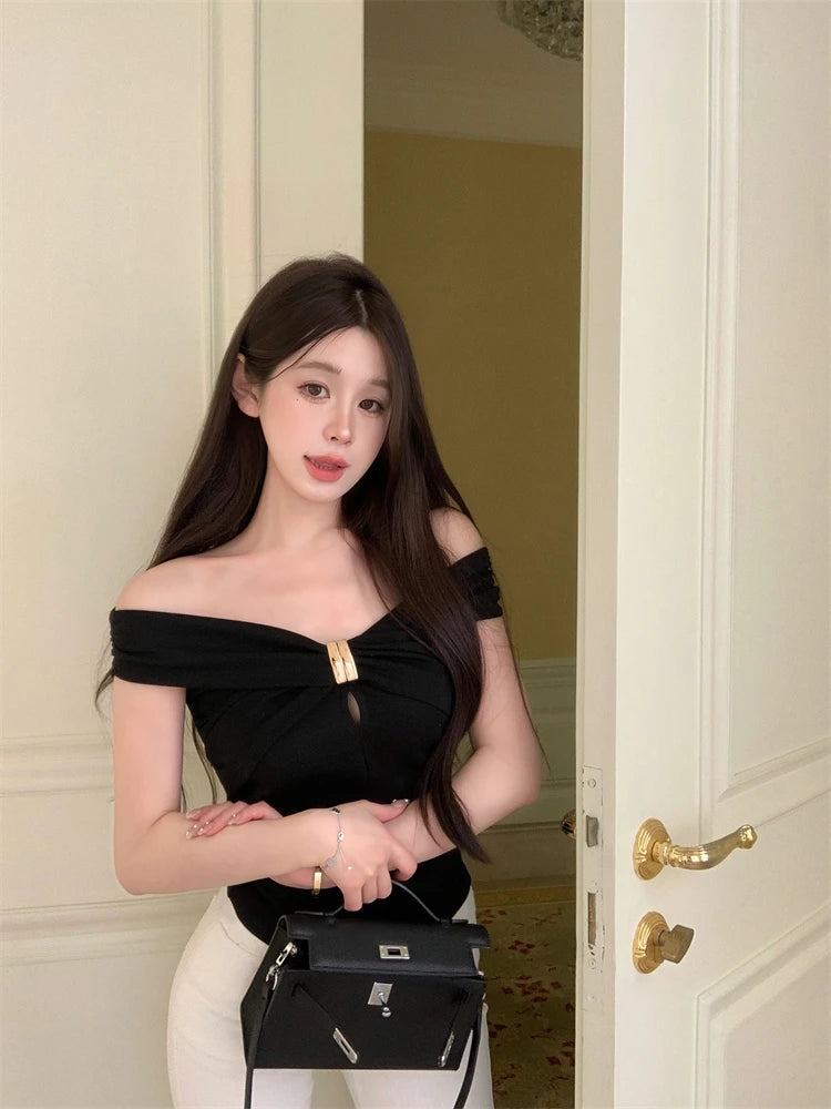 Summer slim sexy spicy girl slash neck ruffled short-sleeved T-shirt for women